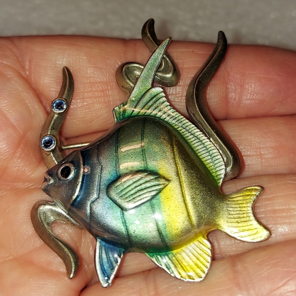 KC Enameled Fish Brooch Stamped  Free Gift Bag 2.2" Vintage